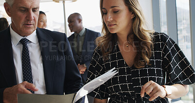 Buy stock photo Manager, people and reading folder in office to review schedule, finance report and feedback. Team, document and financial budget of profit growth, information and proposal update for investment deal