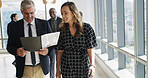 Happy, business and people with folder in office to review schedule, finance report and agenda. Team, document and financial budget for profit update, information and proposal plan of investment deal