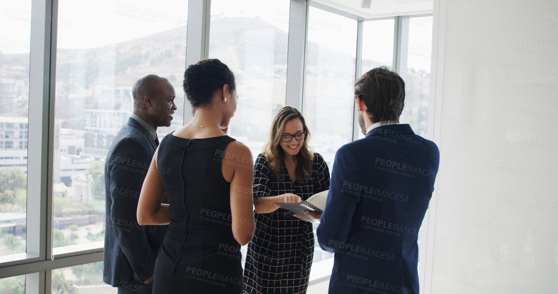 Buy stock photo Meeting, briefing and business people with manager in office for corporate budget feedback. Discussion, paperwork and team of financial advisors with mentor for investment planning in workplace.