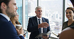 Discussion, briefing and business people with manager in office for corporate budget feedback. Meeting, paperwork and team of financial advisors with mentor for investment planning in workplace.