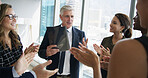 Business man, documents and team with applause at meeting, report and success at office. People, CEO and group with congratulations with smile, achievement and cheers for profit with goal at agency
