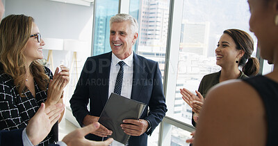 Buy stock photo Applause, briefing and business people with manager in office for corporate budget feedback. Meeting, clapping hands and team of financial advisors with mentor for investment planning in workplace.
