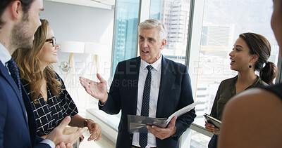 Buy stock photo Paperwork, man and team in workplace, meeting and feedback for budget proposal. Employees, group and boss in office, cooperation and report for tax audit, management and accounting with profit growth