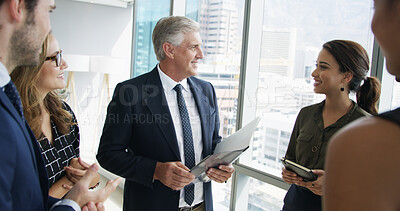 Buy stock photo Documents, man and business team in meeting, smile and feedback for budget proposal. Employees, partnership and manager in workplace, conversation and report for tax audit, management and support