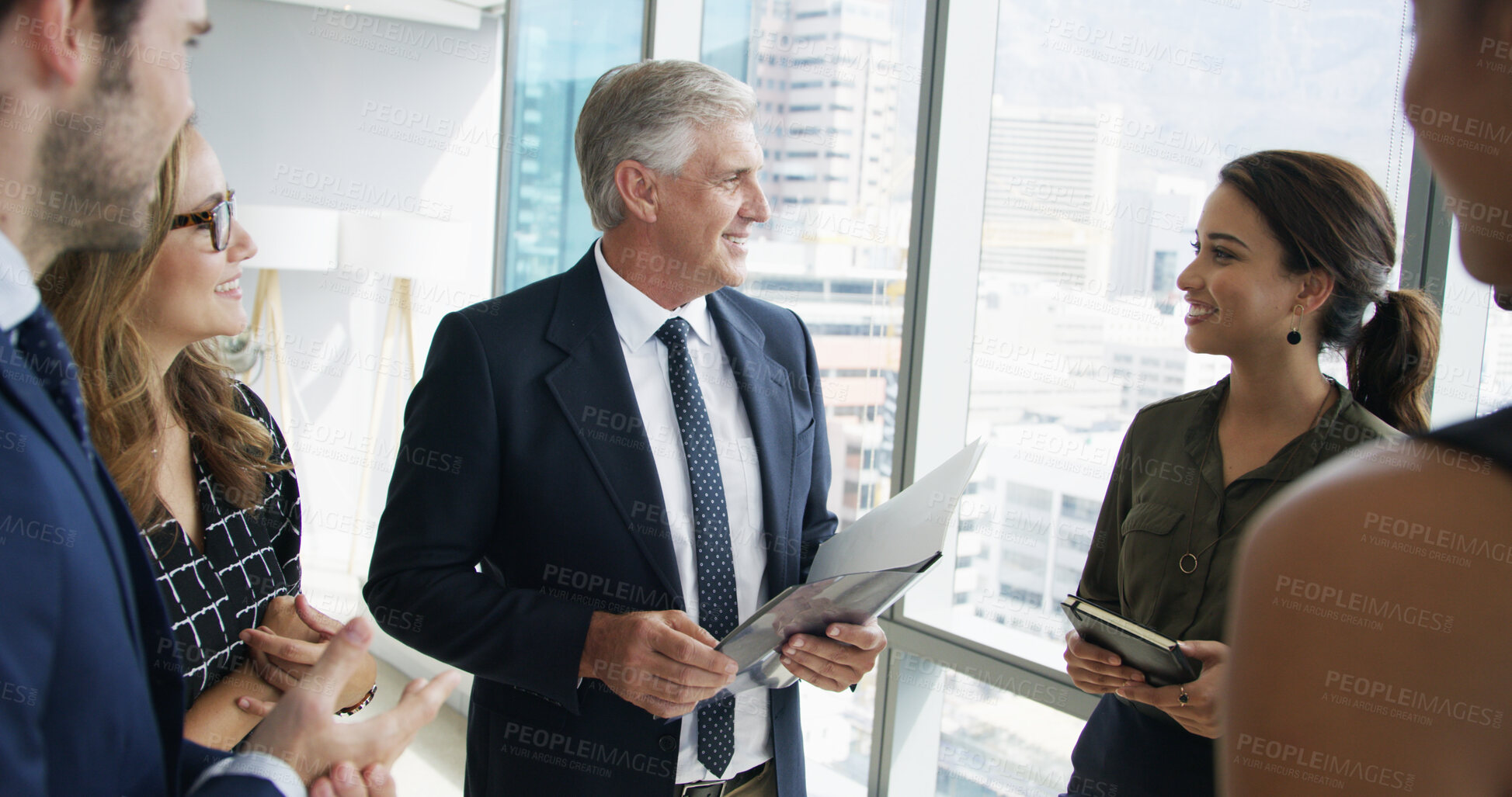 Buy stock photo Documents, man and business team in meeting, smile and feedback for budget proposal. Employees, partnership and manager in workplace, conversation and report for tax audit, management and support