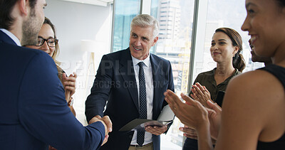 Buy stock photo Business man, handshake and group with applause at meeting, goals and success at office. People, CEO and team with congratulations with smile, achievement and cheers for promotion at finance agency