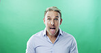 Mature, portrait and businessman with funny face or tongue out on a green studio background. Man, goofy employee or silly model with surprise in formal outfit for business attire on mockup space