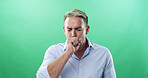 Coughing, sickness and virus with man in studio for allergies, influenza symptoms and illness. Fatigue, sinus congestion and healthcare with person on green background for infection, space and cold