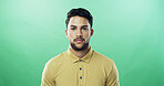 Man, portrait and fashion in studio with confidence, trendy style and pride in shirt by green background. Person, model and face with casual outfit, clothes and color with mock up space in Costa Rica