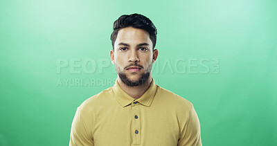 Buy stock photo Man, portrait and fashion in studio with confidence, trendy style and pride in shirt by green background. Person, model and face with casual outfit, clothes and color with mock up space in Costa Rica