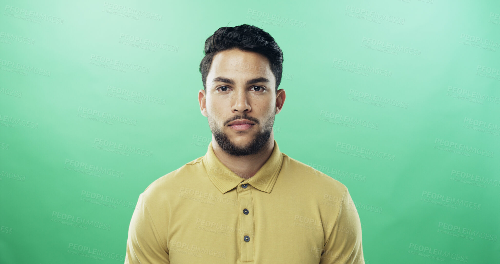 Buy stock photo Man, portrait and fashion in studio with confidence, trendy style and pride in shirt by green background. Person, model and face with casual outfit, clothes and color with mock up space in Costa Rica