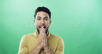 Buy stock photo Surprise, happy and portrait of man in studio with good news, announcement or amazing deal. Mockup space, shock and male person with reaction for wow, excitement or omg expression by green background