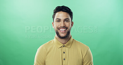 Buy stock photo Studio, man and smile in portrait for fashion, casual clothes and confidence with happiness. Mockup space, male person and model with positive attitude for cool style, isolated and green background
