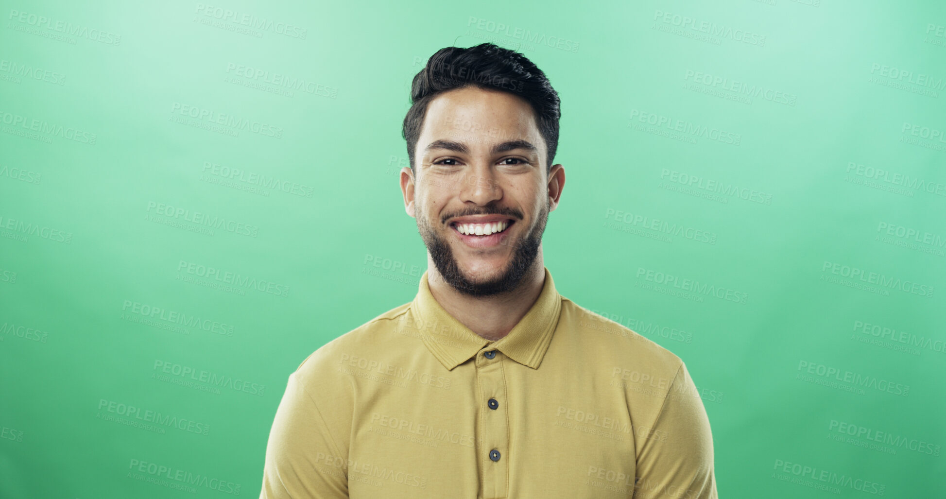 Buy stock photo Studio, man and smile in portrait for fashion, casual clothes and confidence with happiness. Mockup space, male person and model with positive attitude for cool style, isolated and green background