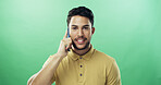 Man, phone call and portrait in studio with smile for talk, chat and connection by green background. Person, smartphone and conversation with mobile network, happy and mockup space in Costa Rica