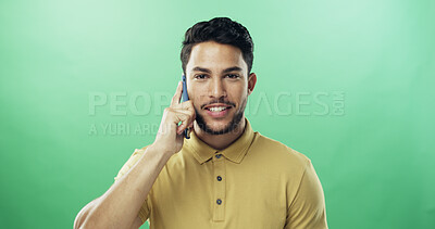 Buy stock photo Man, phone call and portrait in studio with smile for talk, chat and connection by green background. Person, smartphone and conversation with mobile network, happy and mockup space in Costa Rica