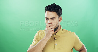 Buy stock photo Thinking, stress and man in studio with doubt, question or problem solving for university solution. Unsure, mockup space and student with decision for college with brainstorming by green background.