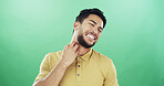 Dermatitis, neck and scratch with man on green background for allergic reaction or skin irritation. Itchy, eczema or inflammation and person in studio with rash or symptoms of medical condition