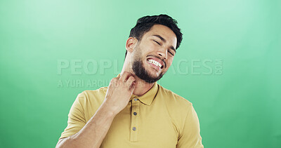 Buy stock photo Dermatitis, neck and scratch with man on green background for allergic reaction or skin irritation. Itchy, eczema or inflammation and person in studio with rash or symptoms of medical condition