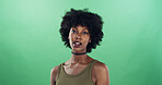 Black woman, portrait and fashion for choker necklace, retro aesthetic or natural afro on green background. Space, smile and African female person with cool style, curly hair and accessory in studio