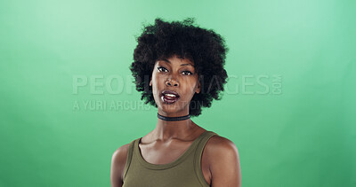 Buy stock photo Black woman, portrait and fashion for choker necklace,  aesthetic or natural afro on green background. Space, confident and African female person with cool style, curly hair and accessory in studio