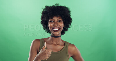 Buy stock photo Portrait, smile and thumbs up with black woman in studio for approval or review of creative career. Emoji, motivation and success with African stylist on green background for like, reaction or yes