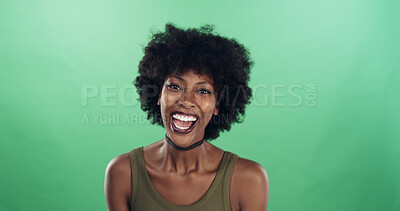 Buy stock photo Portrait, smile and laugh with black woman in studio funny joke, comic reaction and crazy story. Person, space and silly expression for comedy, feel good and positive attitude on green background