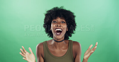 Buy stock photo Portrait, screaming and woman with drama, studio or announcement of good news, happy and expression. Green background, excited and shouting of discount, mockup space and black person with reaction