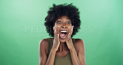 Buy stock photo Surprise, smile and black woman in studio, wow and facial expression on green background. African person, shocked and happy model with announcement, celebration and winning with omg, bonus and emoji