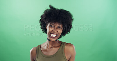 Buy stock photo Portrait, confident and woman with attitude, studio or artist with fierce facial expression or cool. Green background, rapper and black person with afro, space or creative with unique style or mockup