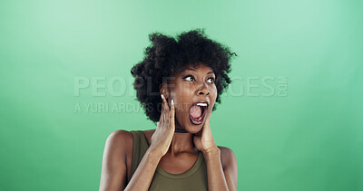 Buy stock photo Surprise, winner and black woman in studio, excited and facial expression on green background. African person, shocked and happy model with announcements, energy and victory with omg, wow and emoji