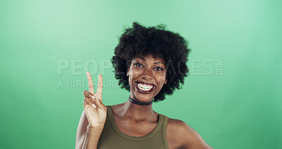 Buy stock photo Peace sign, portrait and smile with black woman in studio for creative career as fashion designer. Design, emoji and social media with African stylist on green background for small business startup