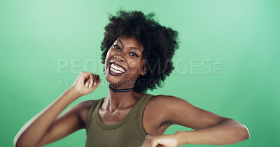 Buy stock photo Black woman, dance and fashion for choker necklace, groove or afro portrait on green background. Energy, music and happy African dancer person with cool style, curly hair and accessory in studio