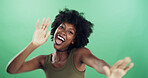 Black woman, happy and dancing in studio portrait with celebration for success by green background. Gen z girl, excited and smile with rhythm, winner and laugh with movement by mock up space in Kenya