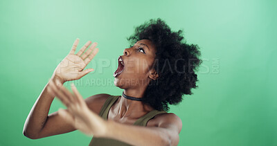 Buy stock photo Shout, warning and black woman in studio with bad news, danger or protection movement for safety. Scream, mockup space and African female person with stop gesture for security by green background.