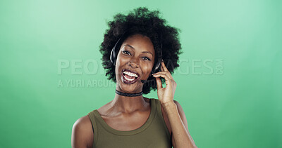 Buy stock photo Call center, portrait and fashion with black woman in studio for virtual stylist, retail or customer support. Client consultant, hotline and headset with person on green background for trends analyst