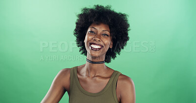 Buy stock photo Afro, portrait and smile with black woman in studio for creative career as fashion designer. Design, excited and friendly with happy African stylist on green background for small business startup