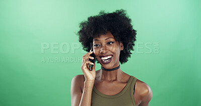 Buy stock photo Phone call, happy and black woman in studio for communication, contact or social networking. Smile, cellphone and African female person with connectivity by green background with mockup space.