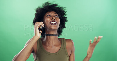 Buy stock photo Surprise, phone call and black woman in studio, talking and conversation with contact. African person, space or happy model with cellphone, shocked or discussion with app or smile on green background