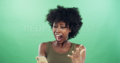 Buy stock photo Phone, shouting and text message with black woman in studio for communication of bad news or update. App, rage and social media with shocked African person on green background for notification