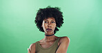 Black woman, thinking and fashion for choker necklace, retro insight or afro on green background. Space, reflection and African female person with cool style, curly hair and accessory in studio