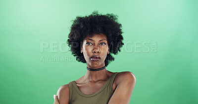 Buy stock photo Black woman, thinking and fashion for choker necklace, insight or afro hair on green background. Space, reflection and African female person with cool style, curly hair and accessory in studio