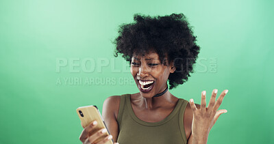 Buy stock photo Black woman, surprise and phone in studio with texting, wow and notification for deal by green background. African girl, smartphone and excited with app, sale and social media with mock up space
