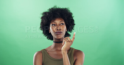 Buy stock photo Thinking, choice and black woman in studio with ideas, decision or brainstorming for university. Problem solving, mockup space and African female student with planning for college by green background