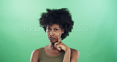 Buy stock photo Thinking, planning and portrait of black woman in studio with ideas, decision or choice for university. Guess, mockup space and African student with brainstorming for college by green background.