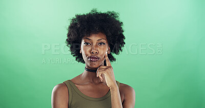 Buy stock photo Thinking, portrait and black woman in studio with ideas, decision or brainstorming for university. Problem solving, mockup space and African female student with choice for college by green background