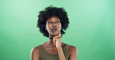 Buy stock photo Choice, planning and black woman in studio with ideas, decision or brainstorming for university. Problem solving, mockup space and African female student with thinking for college by green background