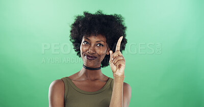 Buy stock photo Black woman, thinking or idea with afro on green background for problem solving in studio. Female person, thinker and African model with good decision for solution, question or answer on mockup space
