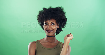 Buy stock photo Black woman, confident and fashion for choker necklace, retro aesthetic or afro on green background. Space, smile and African person thinking with cool style, curly hair and accessory in studio