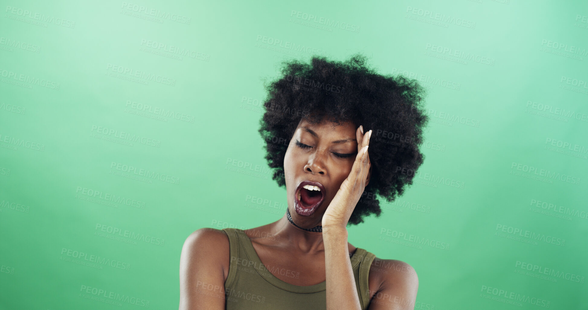 Buy stock photo Afro, tired and yawn with black woman on green background for exhaustion or fatigue syndrome. Burnout, lazy and sleepless with African person in studio for drowsiness, insomnia or narcolepsy symptoms